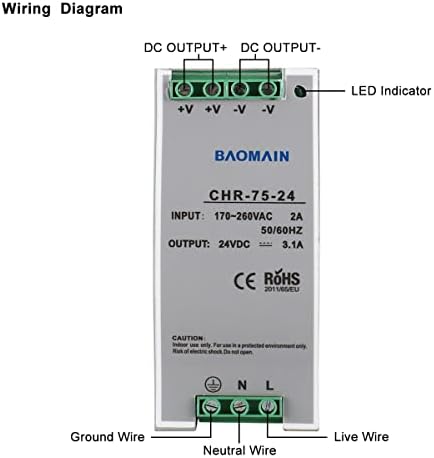 Baomain 75W DIN-Rail Kapcsolóüzemű Tápegység AC-DC Egyetlen Kimenet 24V 3.0 Amp CHR-75-24 CE Felsorolt