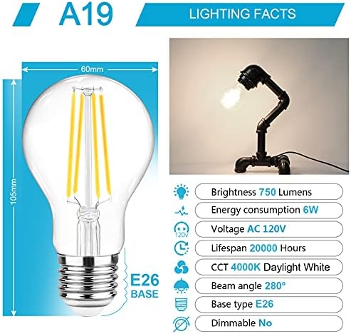 Ascher 60 Watt Egyenértékű, E26 LED Izzószálas villanykörte, Napfény, Fehér 4000K, Nem Szabályozható, Klasszikus Átlátszó Üveg, 19