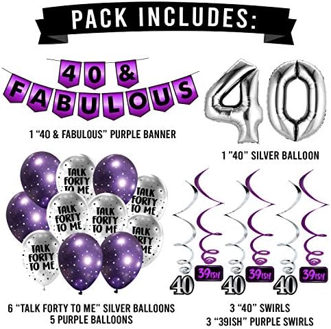 40 & Csodás Születésnapi Party Pack - Lila & Ezüst Boldog Szülinapot Sármány, Léggömb, valamint Kavarog Pack - Szülinapi Dekoráció - 40 Születésnapi