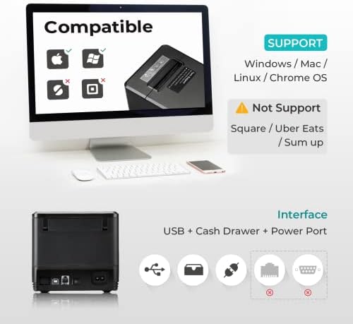MUNBYN 80mm USB Nyugta Nyomtató, POS Nyomtató Automatikus Vágó, ESC/POS Parancs Támogatja a Windows（Csak USB Interfész）