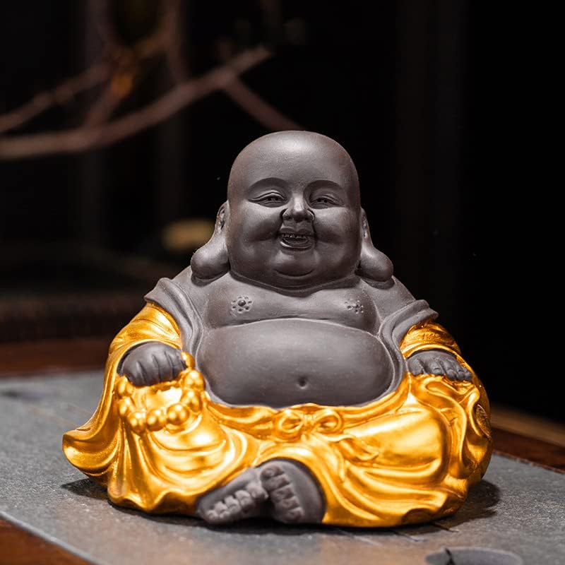 Hormsdar Lila Agyag Tea Pet Nevető Buddha Szobor Home Office Autó Dekoráció Kerámia Kis Aranyos Arany Buddha Kungfu Monk Figura Aranyos Baba