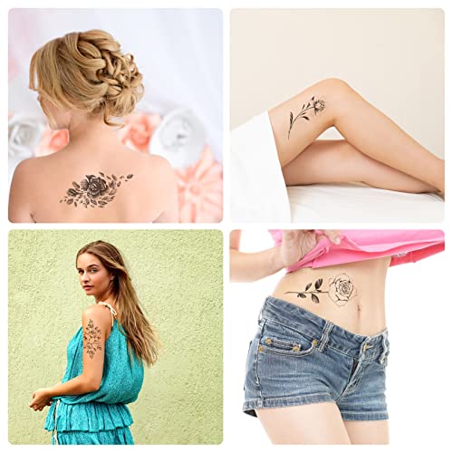 10 Lap Virág Ideiglenes Tetoválás a Nők Hamis Tetoválás, 3D Valósághű Fekete Virág, Rózsa, pünkösdi Rózsa Tetoválás Matricák