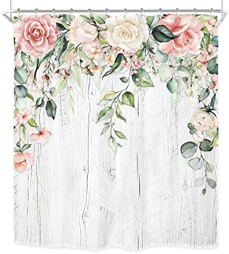 Riyidecor Rózsaszín Rózsák Virágos zuhanyfüggöny Fürdőszobai Dekoráció 60Wx72H Virágok Eukaliptusz Rusztikus Fa Parasztház Levél Akvarell Virágzó