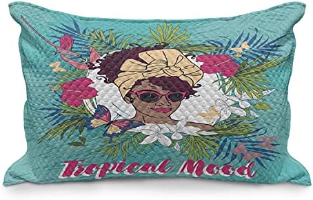 Ambesonne Afro Lány Steppelt Pillowcover, Trópusi Hangulat az Üzenetet, egy Nő, Hibiszkusz Pillangó Palm Virágok, Standard Queen