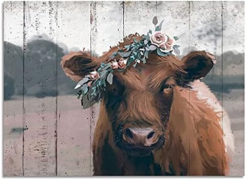 Régi Parasztház Tehén, Fali Dekor, Retro Highland Tehén Wall Art, Rusztikus Vászonra Nyomtatott Festmény Haza Dekoratív (Barna,