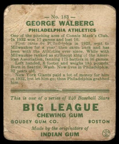 1933 Goudey 183 Rube Walberg Philadelphia Atlétika (Baseball Kártya) SZEGÉNY Atlétika