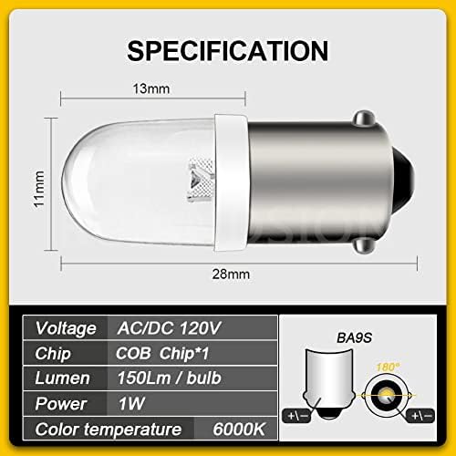 Ruiandsion BA9S LED Izzó 120V AC/DC LED Miniatűr Bajonett 9mm BA9s Bázis LED Izzó Csere a Mutató jelzőlámpa,Fehér (Pack 4)