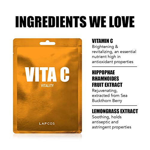 LAPCOS Vita C Kollagén Lap Maszk Készlet, (10-es Csomag) Napi Lap Maszkok C-Vitamin, valamint a Kollagén, Anti-Aging, valamint Brightening