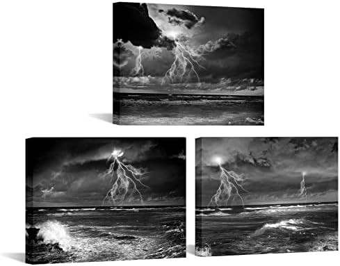 Nachic Falon Fekete-Fehér Vászon Nyomtatás Dekoráció Óceán Vihar Kép Festmény Tengeri Hullám Seascape Wall Art Keretes 3 Panel Mű