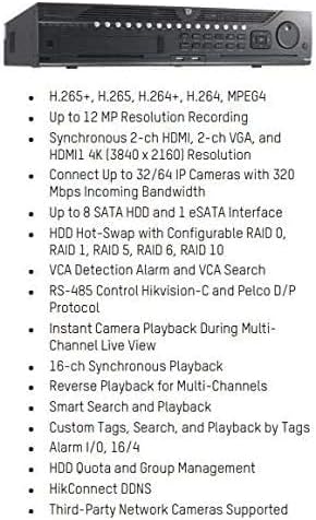 HIKVISION DS-9664NI-I8-20TB 64-Channel 4K 12MP HikConnect DDNS VCA Riasztó Okos NVR Alarm i/O, RAID Támogatás 0,1,5,6,10, amerikai