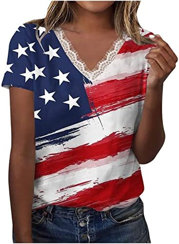 A függetlenség Napja Póló Női Nyári V-Nyakú Alkalmi Amerikai Zászló Nyomtatás Hazafias Tees Csipke Horgolt Blúzok Tunikák