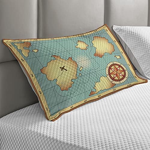Ambesonne Sziget Térkép Steppelt Pillowcover, Kincs Világ Térkép Design, Iránytű, Navigációs Kaland Rejtett a Föld, Standard Queen