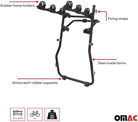 OMAC 3 kerékpártartó a Subaru Outback 2015 2023, Csomagtartóba Szerelhető Kerékpár Szállító, 99 Kg Terhelhetőség, Összecsukható, Acél,