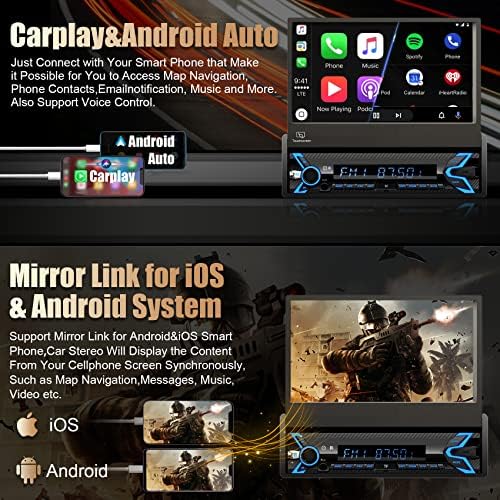 Egységes Din autórádió Lejátszó Kompatibilis Apple Carplay & Android Auto–7 Colos kihajtható Érintőképernyő autórádió, Bluetooth|