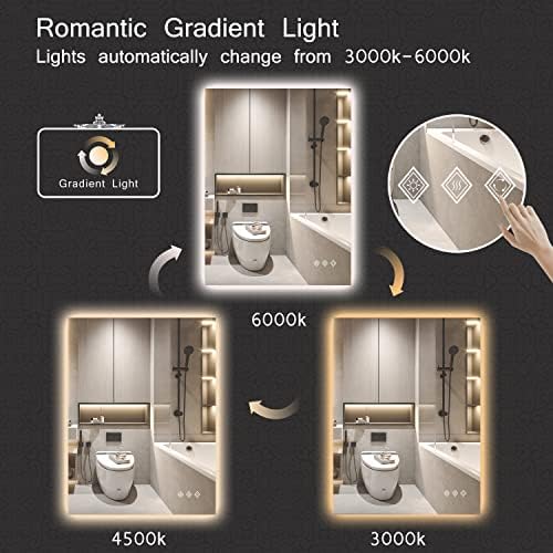 VanPokins Gradiens Háttérvilágítású, Fürdőszoba Tükör, 24x32 Hüvelykes LED Fürdőszoba Tükör 3000k-6000k 3-színhőmérséklet & 150%