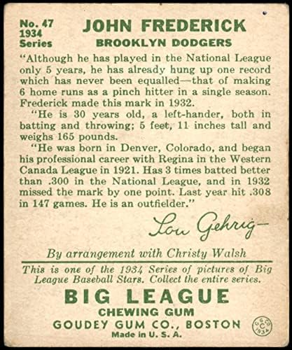 1934 Goudey 47 John Frederick Brooklyn Dodgers (Baseball Kártya) VG/EX+ Dodgers