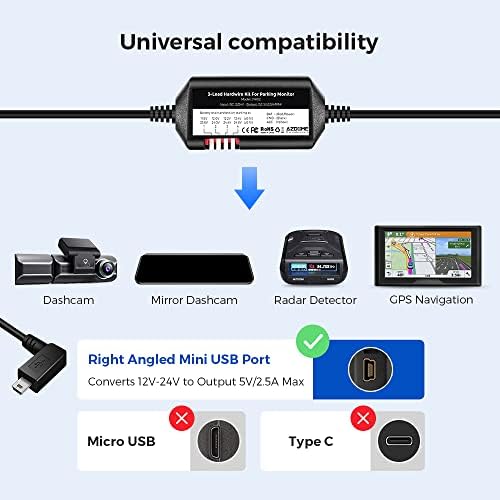 AZDOME 3-Vezető Acc Vezetékes Készlet Mini-USB-Port M550 Kamera, 12ft a Biztosíték Készlet, a Dash Kamera 24 ÓRÁS Parkolás