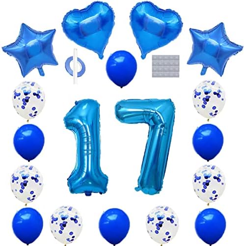 Kék Szám 17 Lufi Set - 32inch Száma 17 Lufi, Szív, Csillag Fólia Mylar Konfetti Latex Léggömb Fiúk Lányok 17-én Születésnapi Party Kellékek