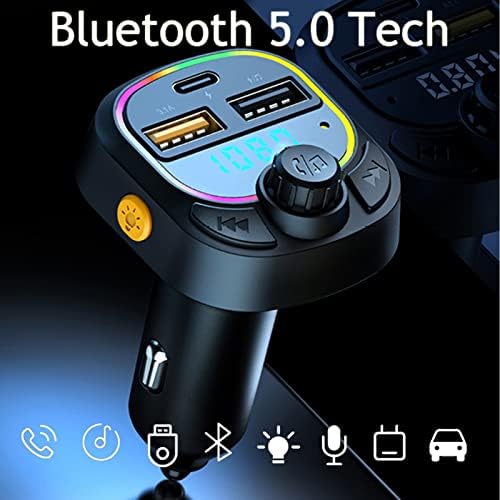Bluetooth 5.0 FM Transmitter Autóba, VOVCAMLS Vezeték nélküli FM-Rádió Adó-szivargyújtó Rádió Zenei Adapter Töltő 7 Színek, LED Háttérvilágítású,