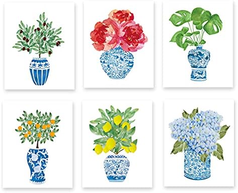 Chinoiserie Növény Wall Art Print, Kínai Kék-Fehér Porcelán Váza Vászon Wall Art (8x10x6 db, keret nélküli), Akvarell Virág Növény