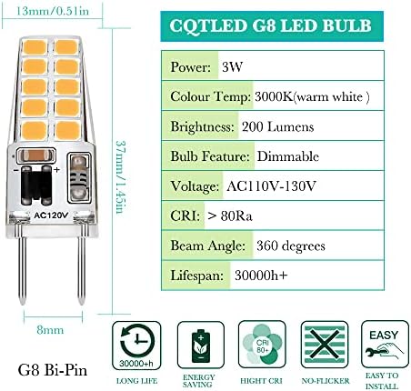G8 Szabályozható LED Izzó 3W Meleg Fehér 3000K,AC 120V Egyenértékű G8 Halogén Izzó 20W-25W (6 db)