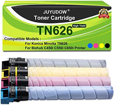 Juyudow Toner Patron Kompatibilis a Konica Minolta TN626 TN-626 Bizhub C450i C550i C650i (4 Pack, BK, C, Y, M) Részt: ACV1130 ACV1230