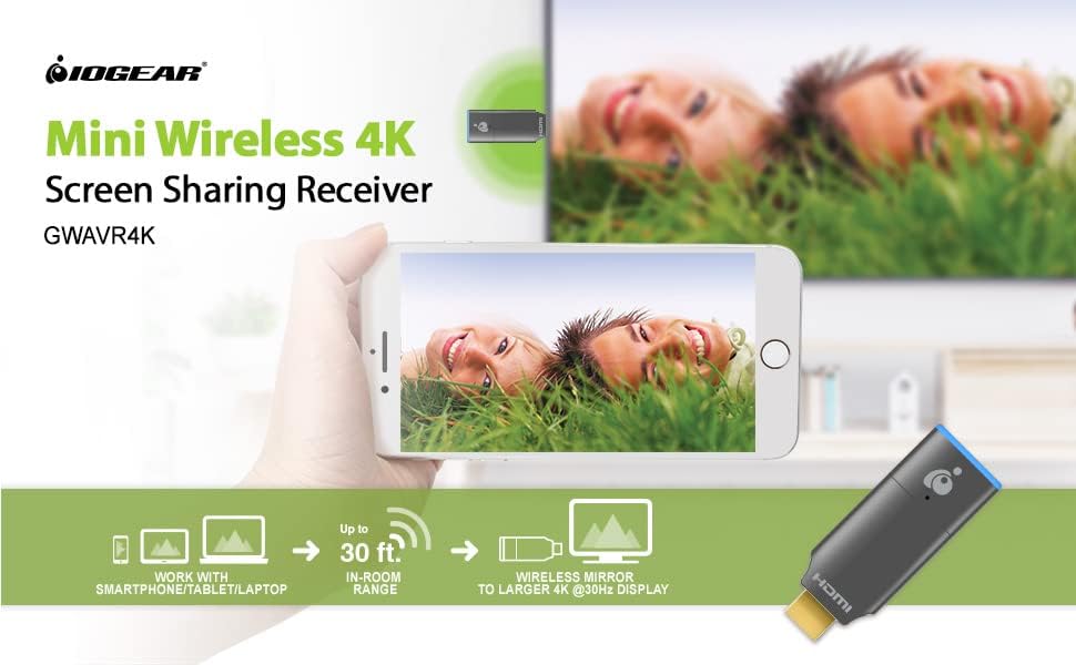 IOGEAR HDMI Vezeték nélküli Videó 4K Képernyő Megosztása Adapter - 4K@30Hz - Wireless 2.4/5GHz w/ WPA-2 Biztonsági Akár 30Ft - Alacsony Latency
