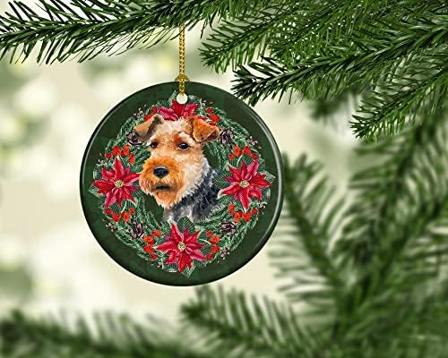 Caroline Kincsek CK1566CO1 Welsh Terrier Poinsetta Koszorú Kerámia Dísz, karácsonyfadísz, Lógó Dísz, Karácsony, Nyaralás, Buli, Ajándék,