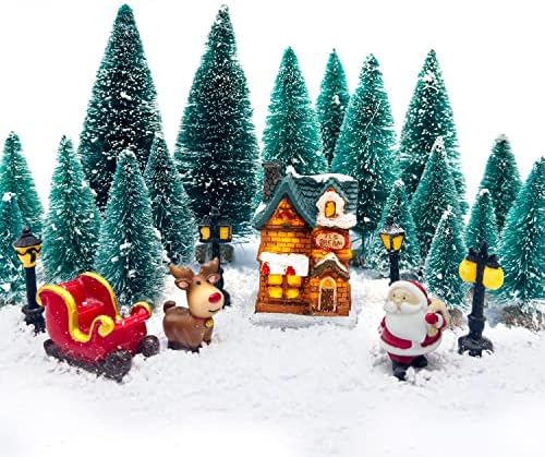 26PC Mini Karácsonyi Fenyő Fák Mesterséges Hó, Fagy Fák, a Falu, Ház a Mikulás Zsák Elk pedig Mini Utcai világítás Karácsonyi