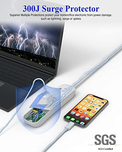 USB elosztó 3 Outlet, Hosszabbító 6 Láb 3 Vasvilla, 2 USB Port(5V/2.4), 1250W/10A, 300J, Falra Szerelhető, Fehér Plug Szalag,