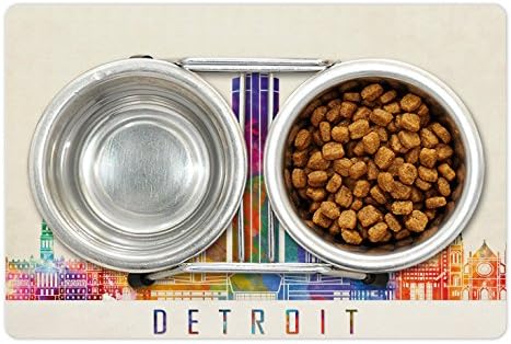 Ambesonne Detroit Pet-Mat Élelmiszer, Víz, Élénk, Színes Absztrakt Felhőkarcolók Modern Építészet Akvarell Stílus Tereptárgyak,