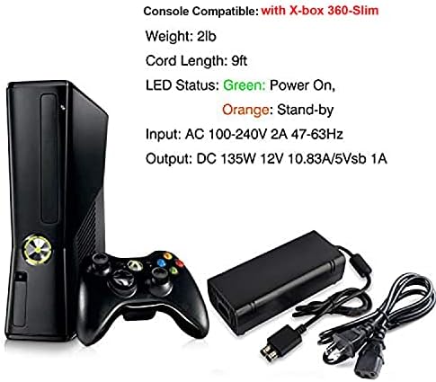 YCCSKY Tápegység Xbox 360 Slim AC Adapter Tápegység Tégla Töltő Kábel, Xbox 360 Slim