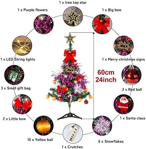 24inch Asztali karácsonyfa， Mini karácsonyfa, Mesterséges Karácsonyi Fenyő Fák, Mini Karácsonyi Fenyőfa, LED Világítás, Karácsonyi