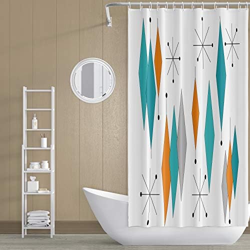 DZGlobal Század Közepén Modern zuhanyfüggöny Geometriai Türkiz Narancs Gyémánt Fürdőben Függöny Szett 72 × 72 1950-es években