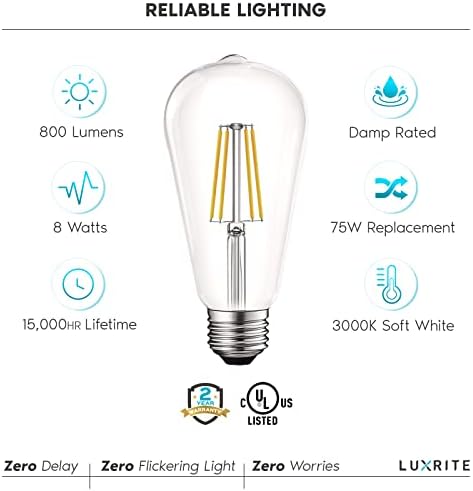 LUXRITE Vintage Edison LED Izzók 75W Egyenértékű, ST19 ST58, 3000K Puha, Fehér, 800 Lumen, Szabályozható LED Izzószálas Villanykörte,