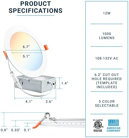 PARMIDA (12 Db) 6 Hüvelyk Szabályozható 5CCT Ultra-Vékony Süllyesztett LED Mennyezeti Lámpa csatlakozó Doboz, 5 Szín Választható 2700K/3000K/3500K/4000K/5000K,