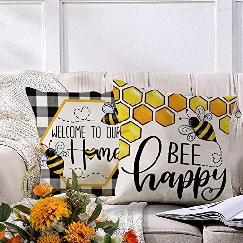 Ussap Nyári Bee Happy Bee Kedves, Dekoratív Párnát Öleli 18 x 18 Készlet 4, Tavaszi Fekete Fehér Bölény Kockás Szívem Párna