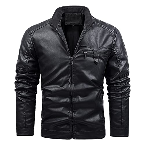 A férfiak Vintage Állni Gallér bőrkabát Műbőr Fleece Bélelt Motoros Kabát Könnyű PU Zip Fel Outwear (Fekete 1,Nagy)