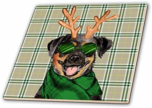 3dRose Zöld, Barna Ünnep Kockás egy Rottweiler a Karácsonyi Agancs - Csempe (ct_351786_1)