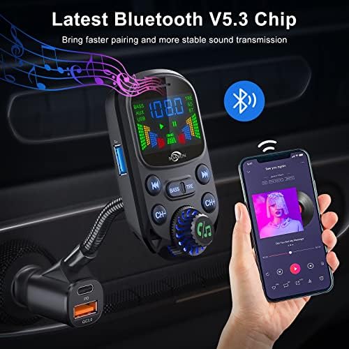 Bluetooth 5.3 FM Transmitter Autóba - SOARUN Bluetooth Autós Adapter PD30W & USB Port Gyors Töltés - HiFi Magas & Bass Player