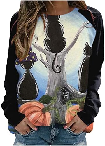 Női Halloween Ing Colorblock Hosszú Ujjú Sleeve Melegítőfelső Laza Aranyos Póló Naplemente, Fekete Macska Grafikus Maximum