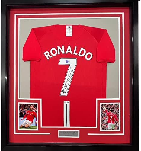 Keretes Dedikált/Aláírt Cristiano Ronaldo 33x42 a Manchester United Vörös 2008 Foci Futbol Jersey Beckett BAS COA/LOA