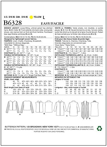 BUTTERICK MINTÁK B6328 Hiányzik' Elöl Nyitott Kabát, Méret B5 (8-10-12-14-16)