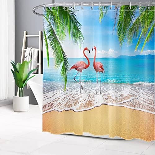 LB Nyári Beach Téma zuhanyfüggöny Fürdőszoba,Vicces Flamingo, Kék Ég Óceán Szövet zuhanyfüggöny kampós,Trópusi Növény, Pálma
