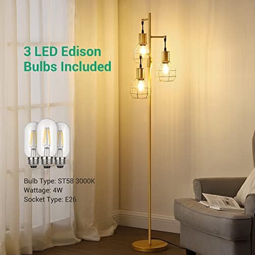 EDISHINE Arany állólámpa Nappali, Parasztház Szabályozható állólámpák, 3 Edison LED Izzók, Modern Magas Állandó Sarki Lámpa
