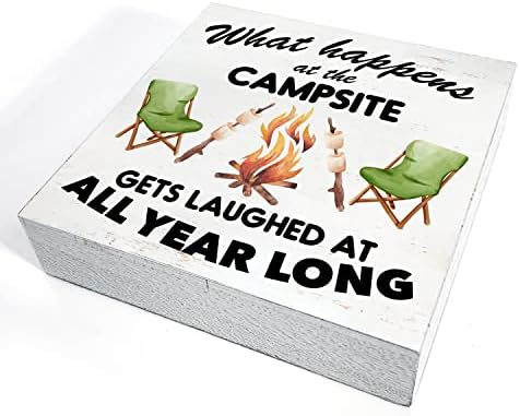 Camping Kemping Fa Doboz Jel lakberendezés Rusztikus, Mi Történik a Tábortűznél fadoboz Jel Blokk Emléktábla a Falon Asztal