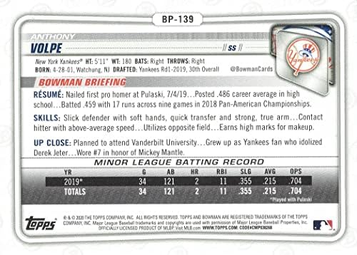 2020 Bowman Kilátások Baseball BP-139 Anthony Volpe Előre Újonc Kártya - 1. Bowman Kártya