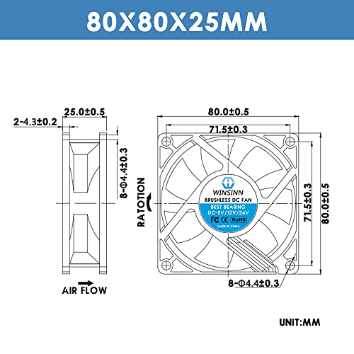 WINSINN DC 80mm Ventilátor 24V 8025 Sleeve Bearing Brushless Hűtés 80mmx25mm 2PIN (Csomag 2db)