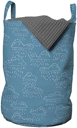 Lunarable Kék-Fehér csomagot, Bolyhos Doodle Stílus esőfelhők Nedves Időjárás Őszi Téli Vázlat Művészet, Szennyestartó Kosár fogantyúval