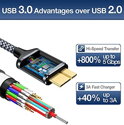 JSAUX 3.3 ft+6.6 ft USB-C-Micro B Kábel 2Pack, USB C Típusú Mikro-B Kábel, Töltő Fonott Nylon Kábel Kompatibilis a Toshiba Seagate WD Nyugati